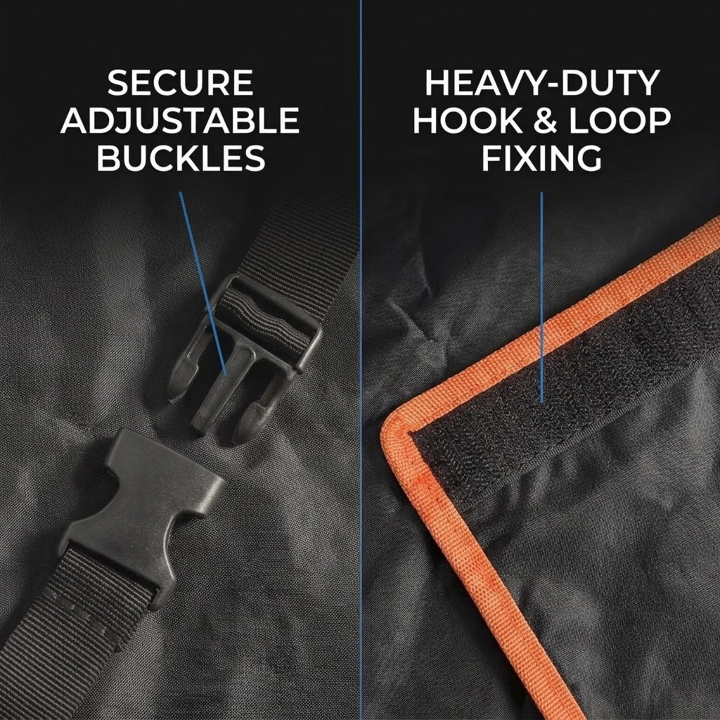 Close-up detail shot of a black bag showing two features: a secure adjustable buckle strap on the left and heavy-duty hook and loop fixing with an orange-trimmed corner on the right, with white text labels.