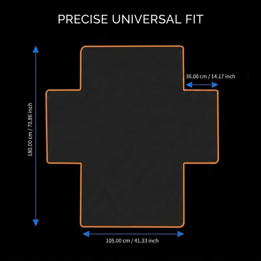 A black cross-shaped mat or pad with an orange outline on a black background, labeled 'PRECISE UNIVERSAL FIT' with dimension arrows showing 105.00 cm by 36.