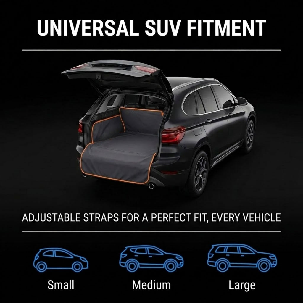 A dark gray car cargo liner with orange trim is shown installed in the open trunk of a black SUV on a black background. White text reads 'UNIVERSAL SUV FITMENT' and 'ADJUSTABLE STRAPS FOR A PERFECT FIT, EVERY VEHICLE,' with small blue car silhouette icons labeled Small, Medium, and Large at the bottom.