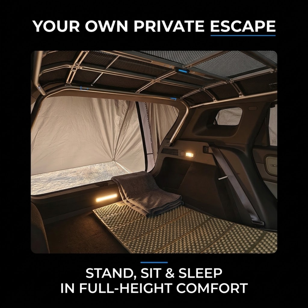 A promotional interior view of a vehicle-based camping setup with a large tent or canopy opening up behind the rear seats, a sleeping pad on the floor, and overhead storage framing. White text at the top reads 'YOUR OWN PRIVATE ESCAPE' and text at the bottom reads 'STAND, SIT & SLEEP IN FULL-HEIGHT COMFORT.