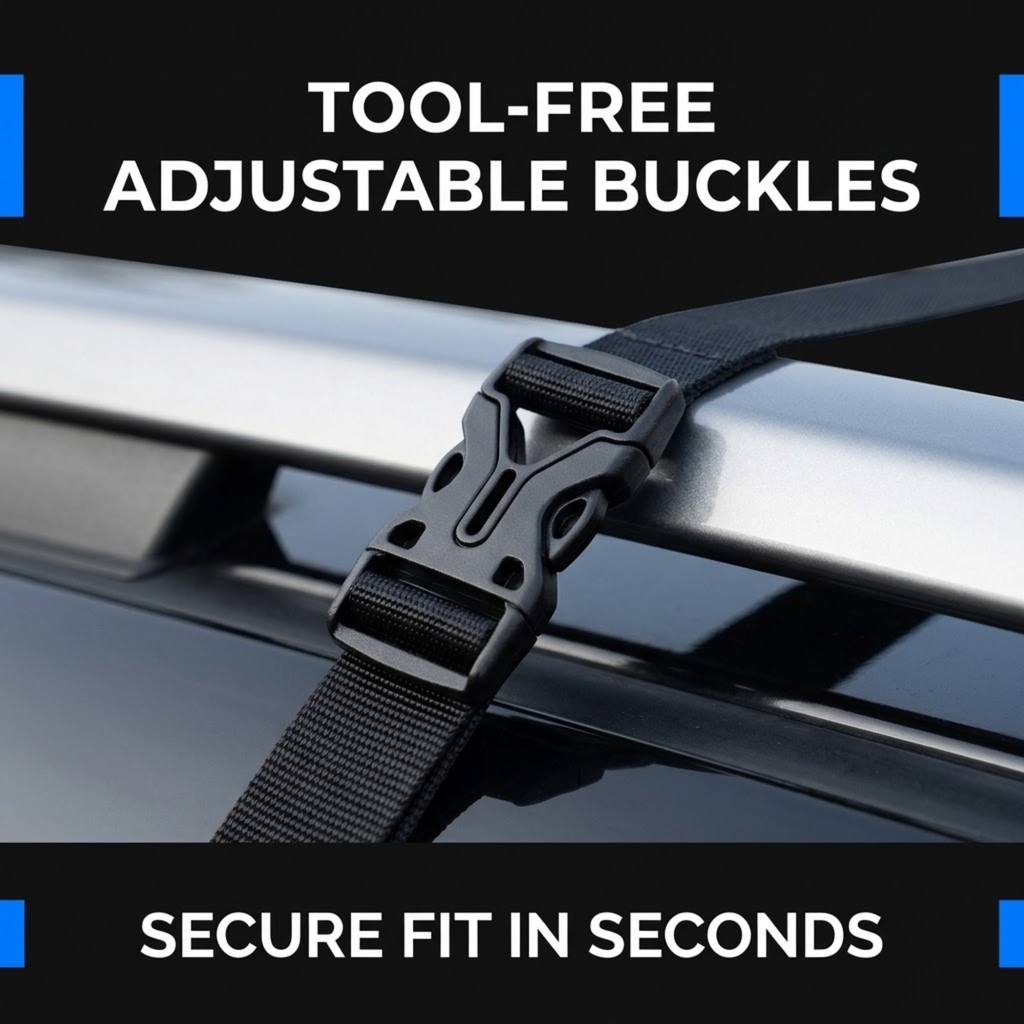 Close-up of a black adjustable roof rack strap with a quick-release plastic buckle mounted on a silver roof bar, with text overlays reading 'TOOL-FREE ADJUSTABLE BUCKLES' and 'SECURE FIT IN SECONDS'.