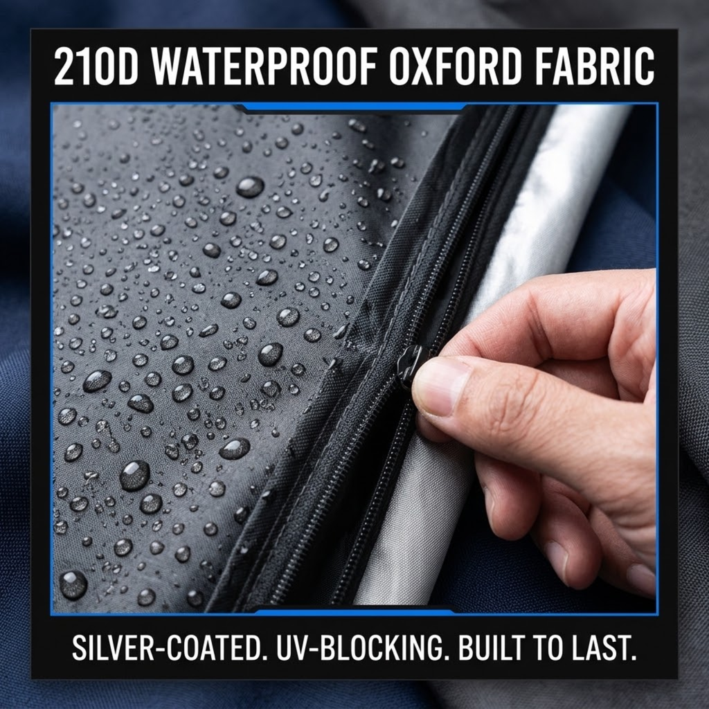 Close-up of a hand pulling a zipper on a black waterproof fabric panel covered with water droplets, with text reading '210D WATERPROOF OXFORD FABRIC' and 'SILVER-CoATED. UV-BLOCKING.