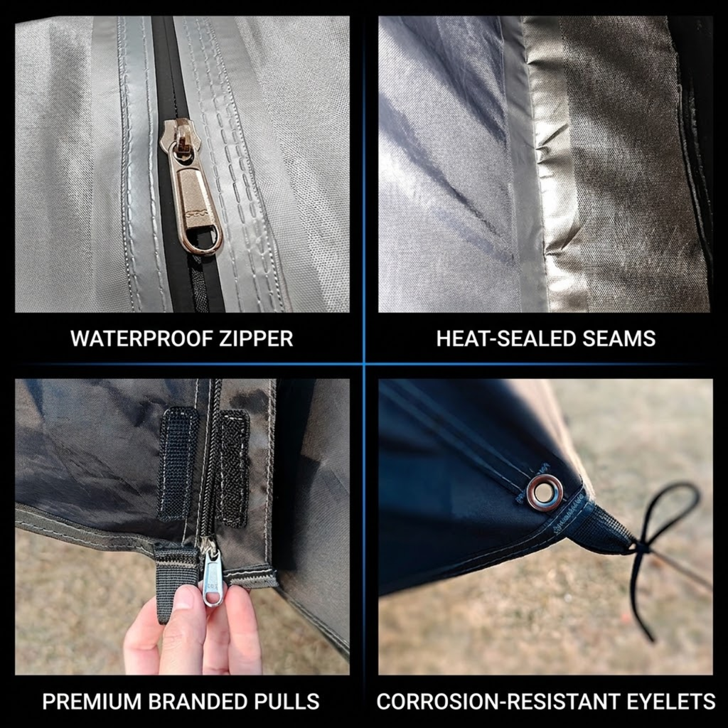 Four-panel feature collage showing close-up details of a waterproof tent or shelter: a waterproof zipper, heat-sealed seams, a hand pulling a branded zipper pull, and corrosion-resistant eyelets.