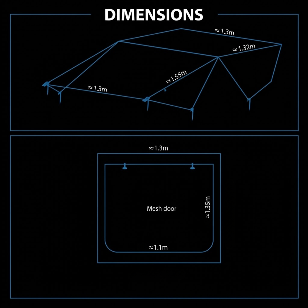 A black informational graphic titled 'DIMENSIONS' showing blue line drawings and measurements for a tent or mesh door layout, with approximate dimensions such as 1.3m, 1.