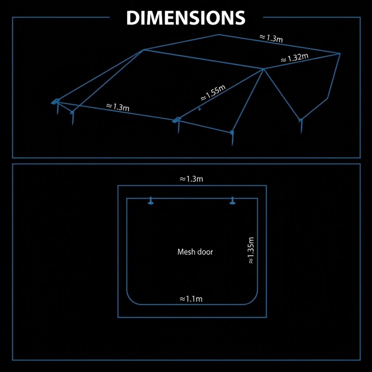 A black informational graphic titled 'DIMENSIONS' showing blue line drawings and measurements for a tent or mesh door layout, with approximate dimensions such as 1.3m, 1.