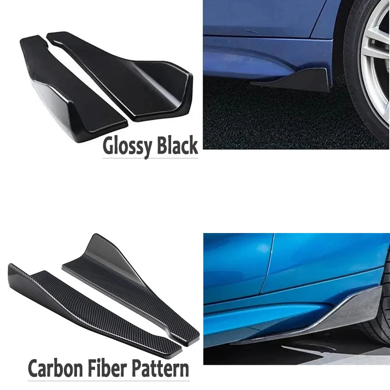 Side skirt splitter set comparison showing the glossy black finish and the carbon fibre pattern finish, each paired with a small photo of the splitter fitted to a blue car rocker panel