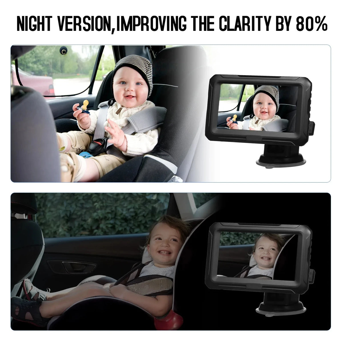 Night vision comparison showing a baby car monitor improving image clarity in low light