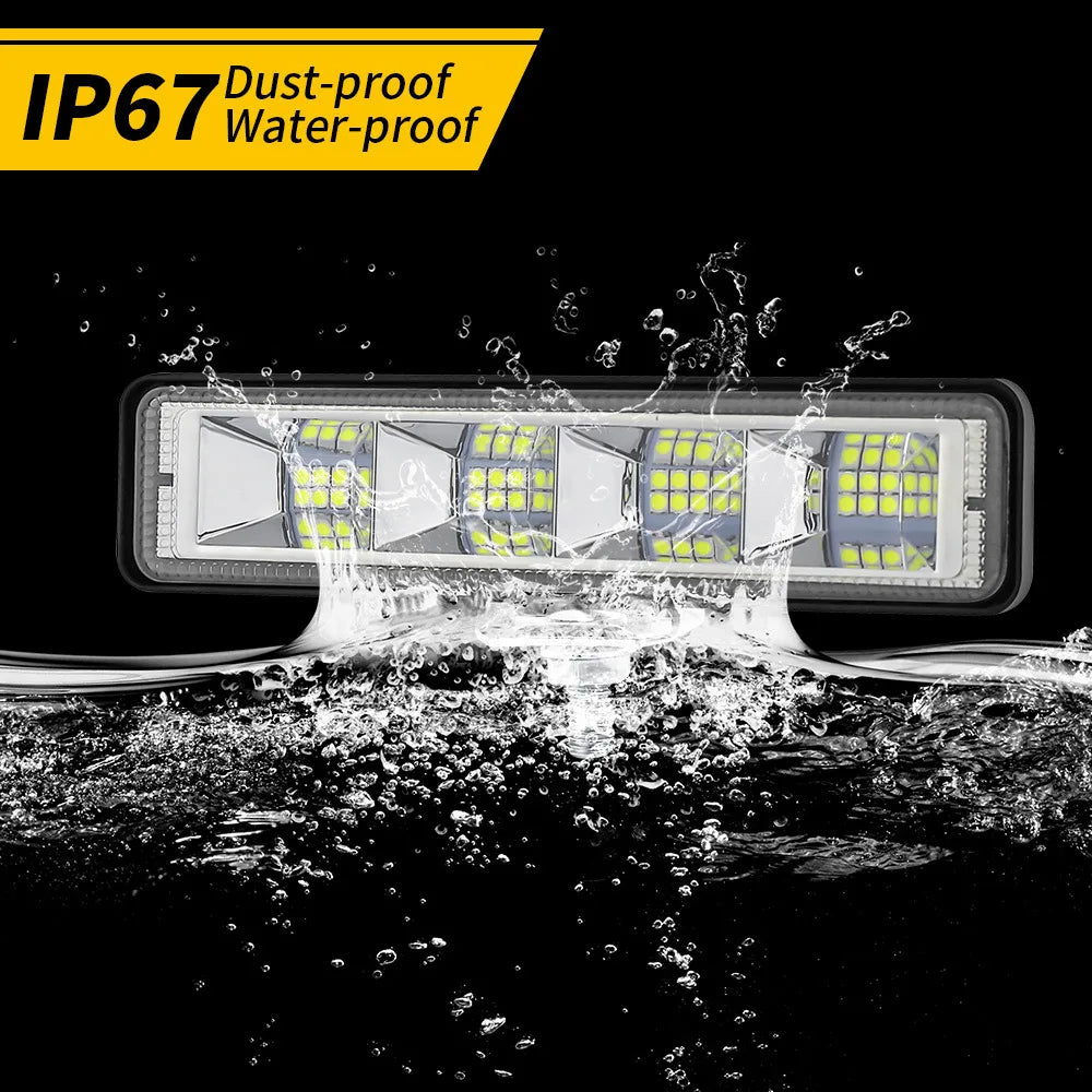 72W LED Work Light Pair with IP67 dust-proof and water-proof rating, LED light bar splashed with water on a black background