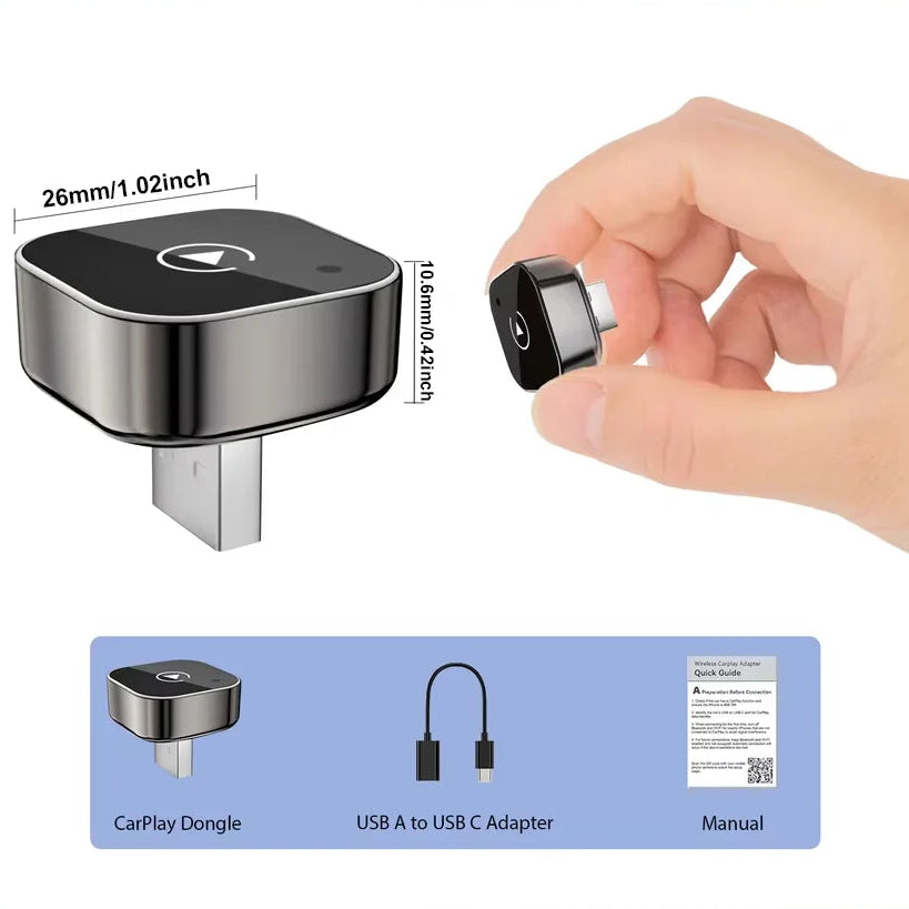Mini Wireless CarPlay Adapter dimensions 26 mm by 10.6 mm, with package contents: adapter, USB-A to USB-C adapter and manual