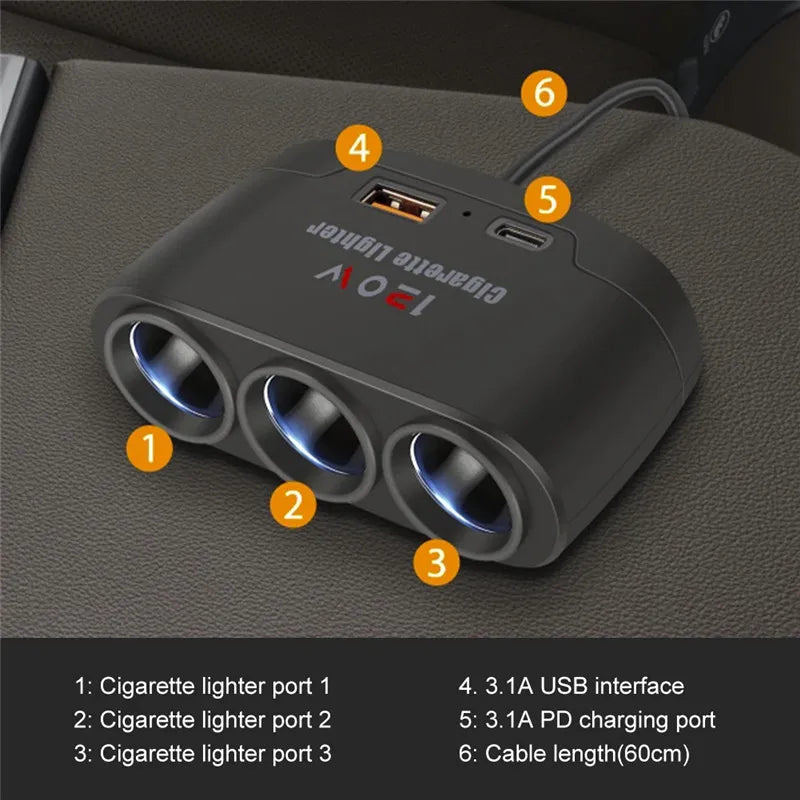 Diagram labelling the Multi-Port Car Charger Hub's three cigarette lighter ports, USB interface, PD charging port and cable length