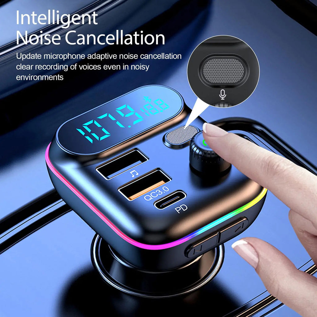 Finger touching the PD Fast-Charge FM Transmitter with a close-up callout of the built-in microphone