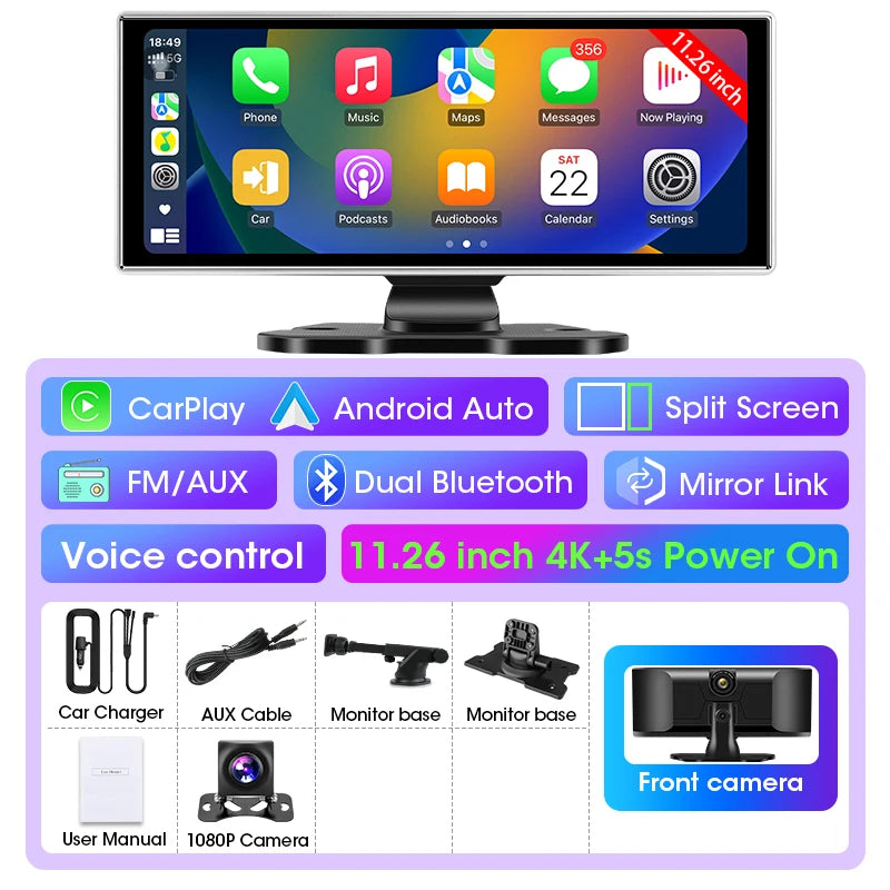 Wireless CarPlay Dash Cam 11.26 inch Ultrawide screen version with 4K recording and 5 second power-on, shown with the CarPlay home screen, feature icons and included accessories such as front camera, rear camera and mounting hardware.