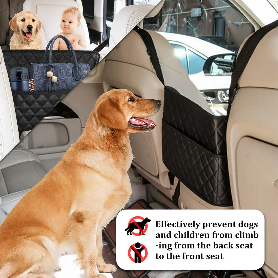 Golden retriever and baby beside a black car seat organiser demonstrating a child and pet safety barrier