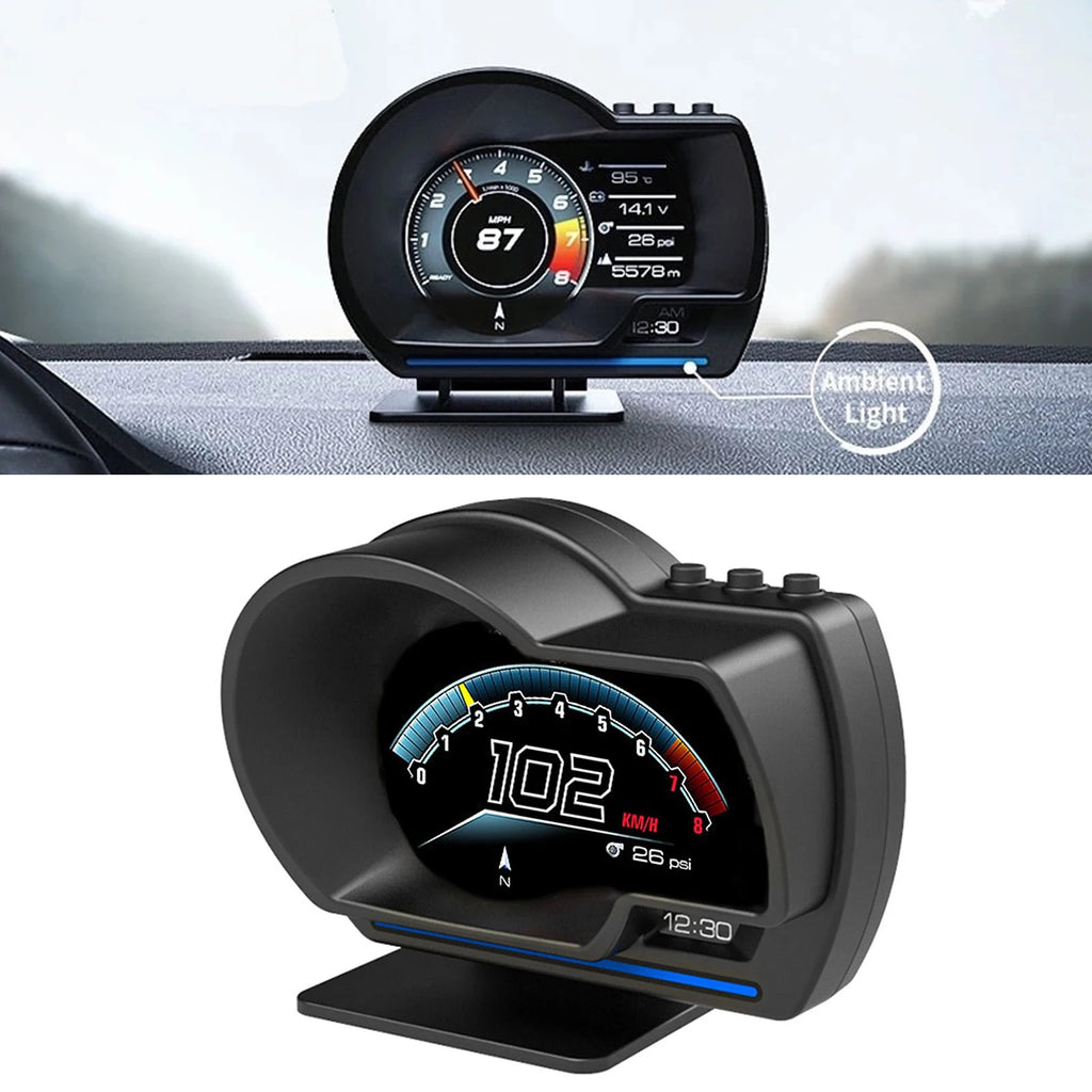 Digital Head-Up Display on a car dashboard with glowing ambient light strip, and a close-up view showing speed and tyre pressure readouts