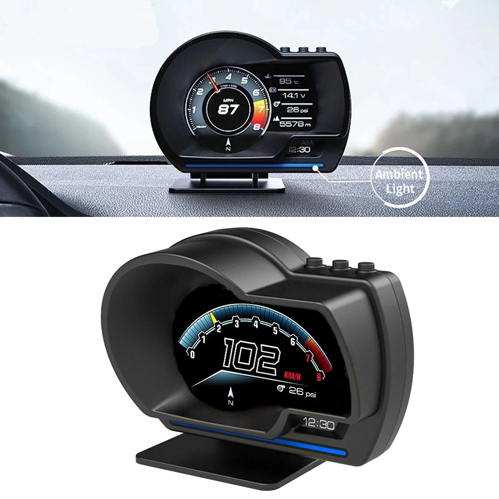 Digital Head-Up Display on a car dashboard with glowing ambient light strip, and a close-up view showing speed and tyre pressure readouts
