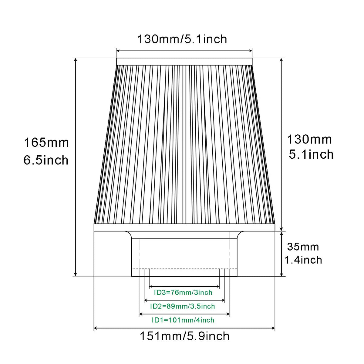 Dimension diagram of the cold air intake performance filter showing height, width and inlet diameter measurements