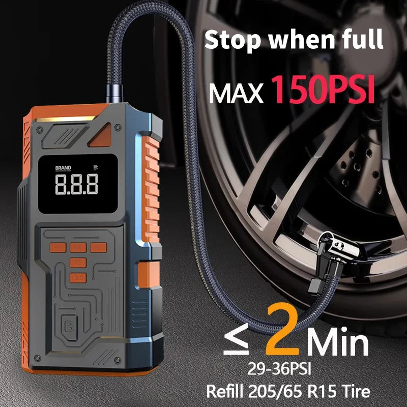 5000A Jump Starter & Inflator inflating a car tyre with auto-stop up to 150 PSI, refilling a 205/65 R15 tyre in about 2 minutes