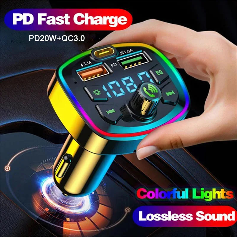 Hand plugging the Hands-Free Bluetooth FM Transmitter with 20W PD USB-C and QC3.0 fast charging into a car socket