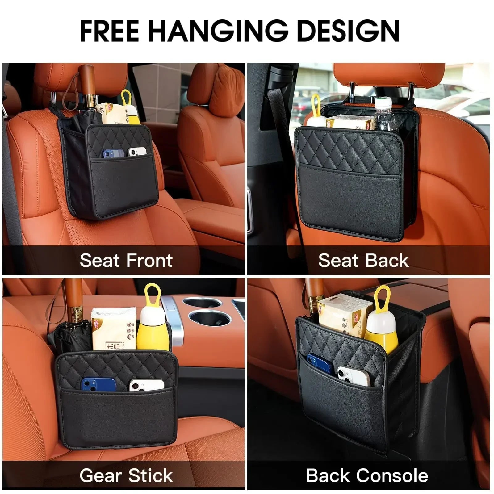 Car seat back organiser free hanging design mounted on seat front, seat back and gear stick