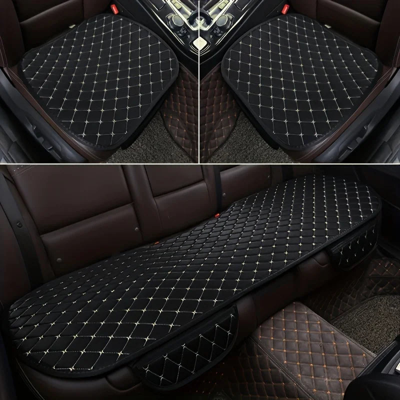 3-Piece Seat Cushion Set in black with cream stitching fitted to front and rear seats of a car with tan leather interior