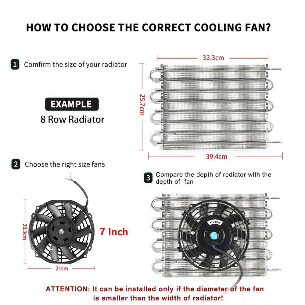 Universal Radiator Cooling Fan sizing guide explaining how to measure radiator dimensions and match the correct fan diameter and depth