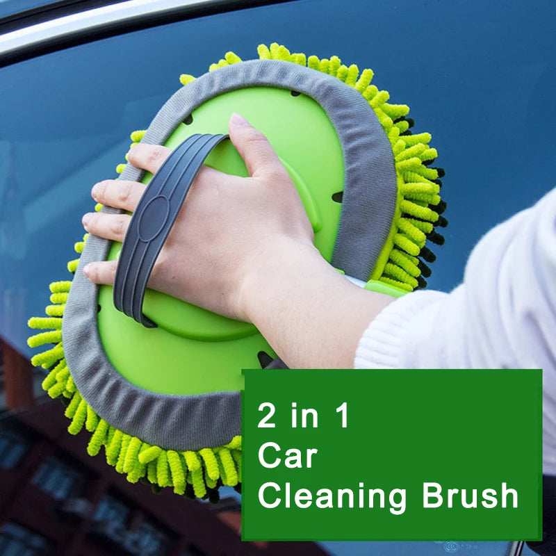 Hand using a 2-in-1 car cleaning brush on a car window with text indicating its dual purpose.
