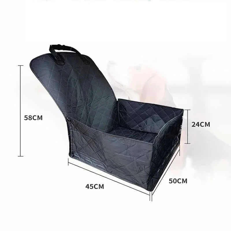 Waterproof Dog Car Hammock booster seat product shot on a white background with dimensions 58cm height, 45cm depth and 50cm width labelled