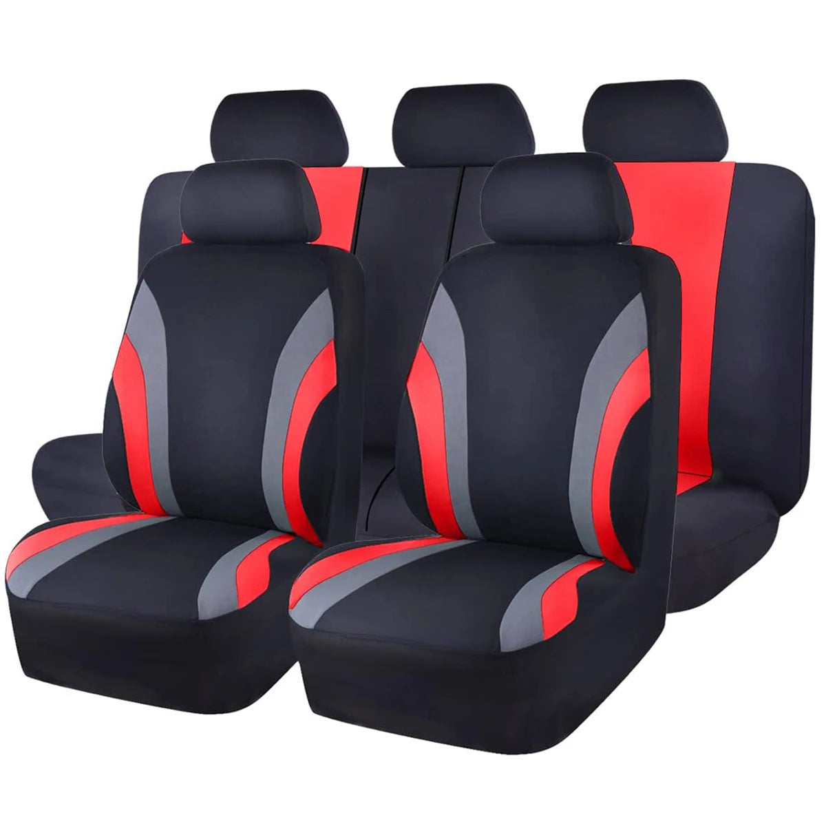 Black and red car seat covers with gray accents on a white background