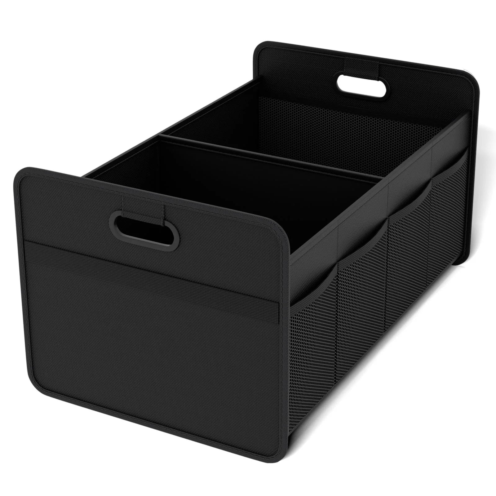 Foldable Car Boot Organiser in black with dual carry handles on a clean white background, shown fully assembled and open