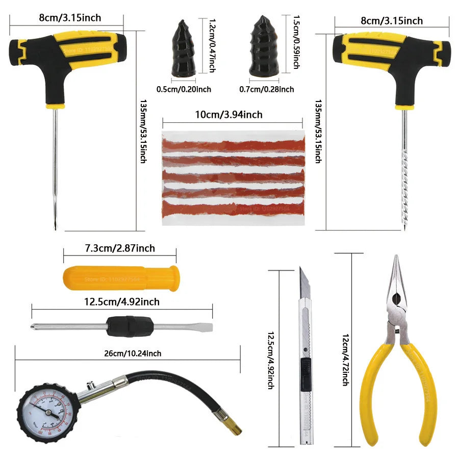 Heavy-Duty Tyre Repair Kit tool dimensions including T-handle rasp, insertion tool, pliers and tyre gauge