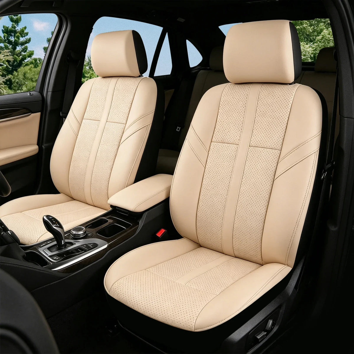 Beige Faux Leather Seat Cover Set fitted to the front seats of a car interior