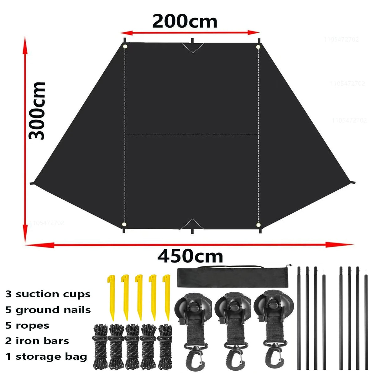Size chart for the black Expedition Side Sunshade showing 200cm by 300cm by 450cm dimensions with included accessories