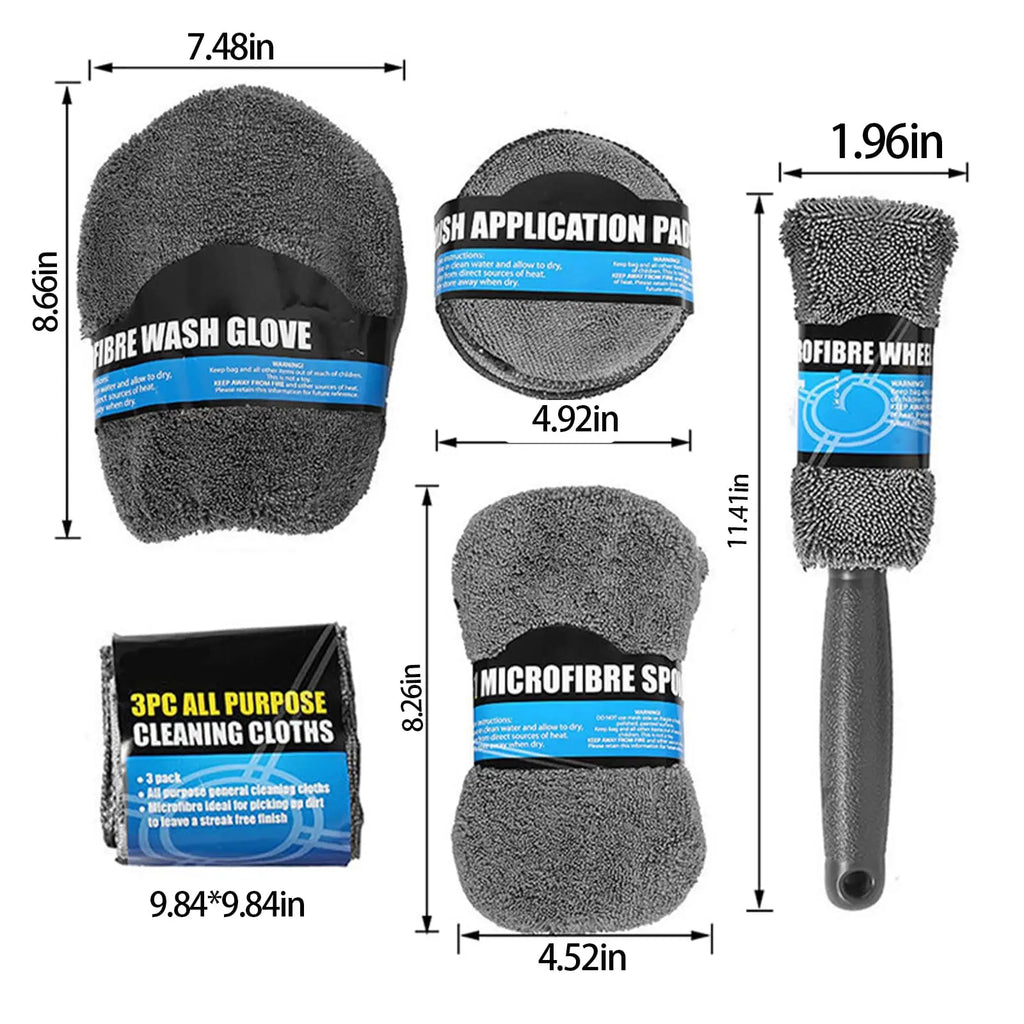 Microfibre car wash kit dimensions for the wash glove, applicator pad, sponge, wheel brush and 3-pack cleaning cloths
