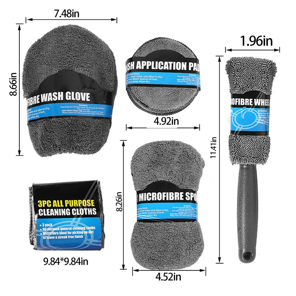 Microfibre car wash kit dimensions for the wash glove, applicator pad, sponge, wheel brush and 3-pack cleaning cloths