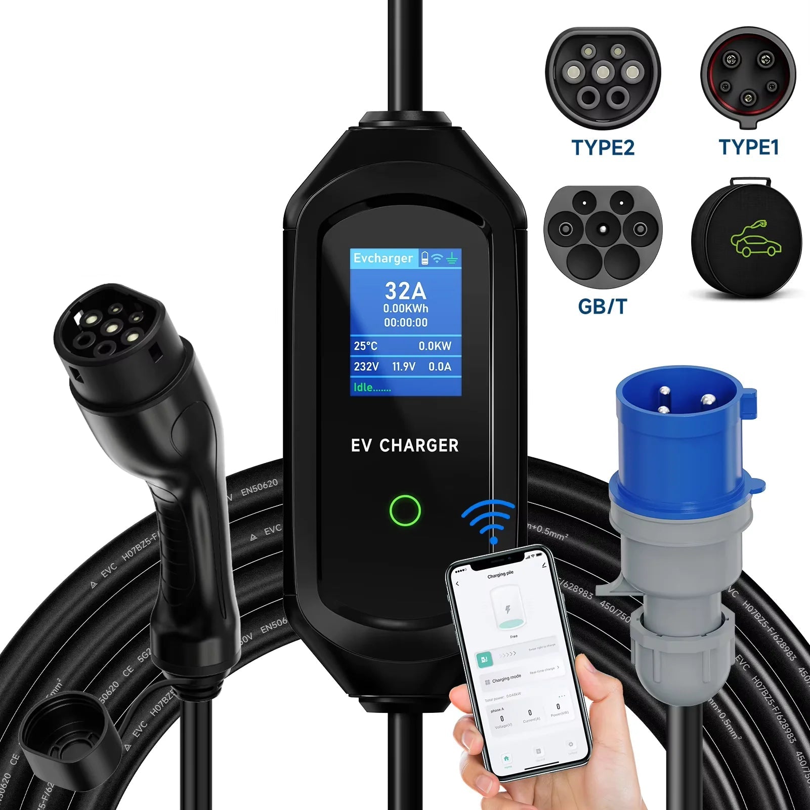 Portable EV charger with Type2 connector, coiled charging cable, phone app and interchangeable Type1 and GB/T adapter heads on a white background