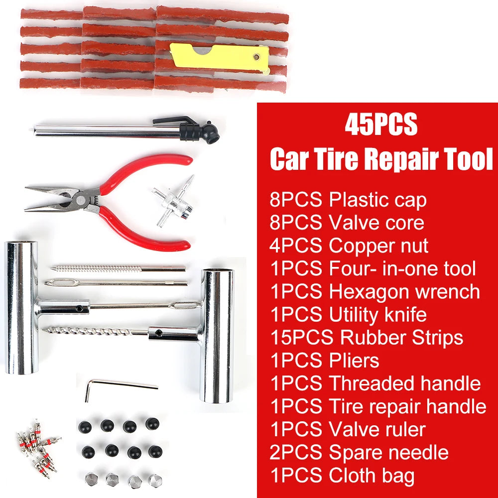 Itemised contents list for the 45-piece Car Tyre Repair Tool kit including valve cores, plugs and pliers