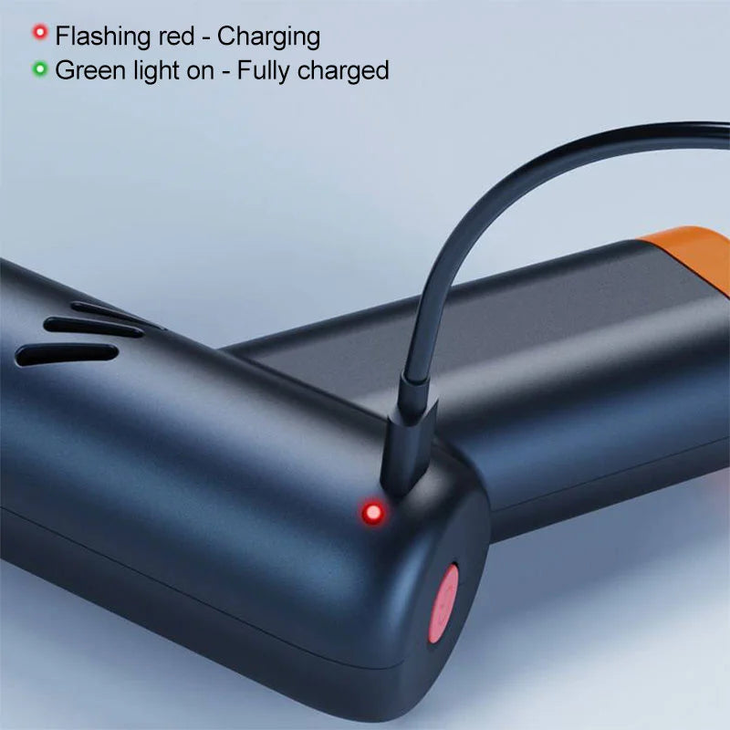 Cordless Mini Polisher charging cable connected to the base, with LED indicator guide for charging and fully charged status