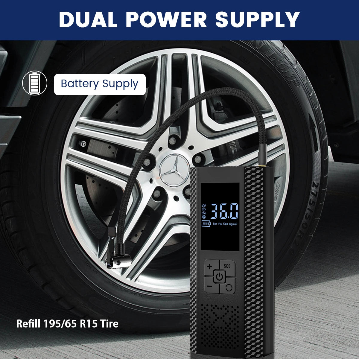 Pocket 150 PSI Tyre Inflator running on battery power while refilling a 195/65 R15 car tyre