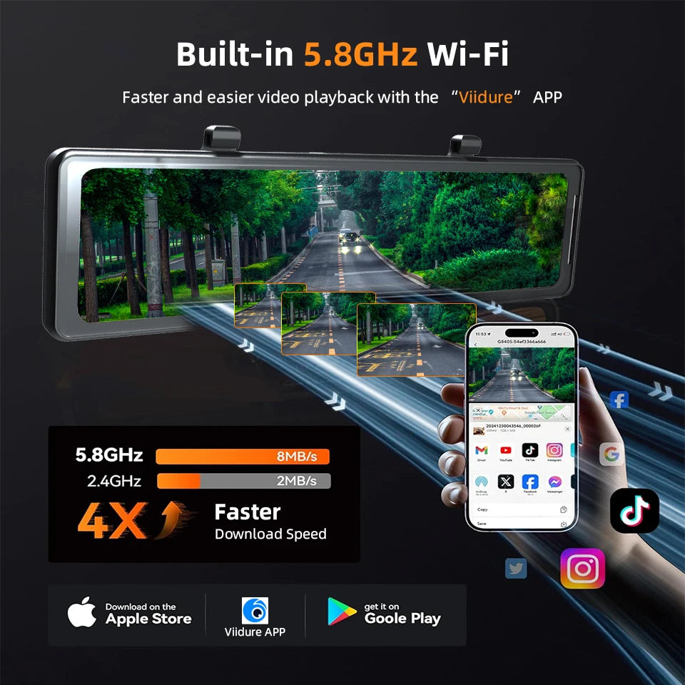 11-Inch 4K Mirror Dash Cam built-in 5.8GHz Wi-Fi transferring forest road footage to a smartphone app