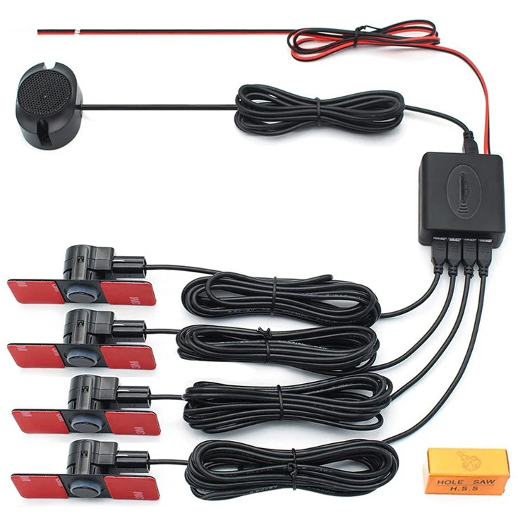 Flush-Fit Parking Sensor Kit with four reverse sensors on 3M adhesive mounts, control box, buzzer, wiring and hole saw