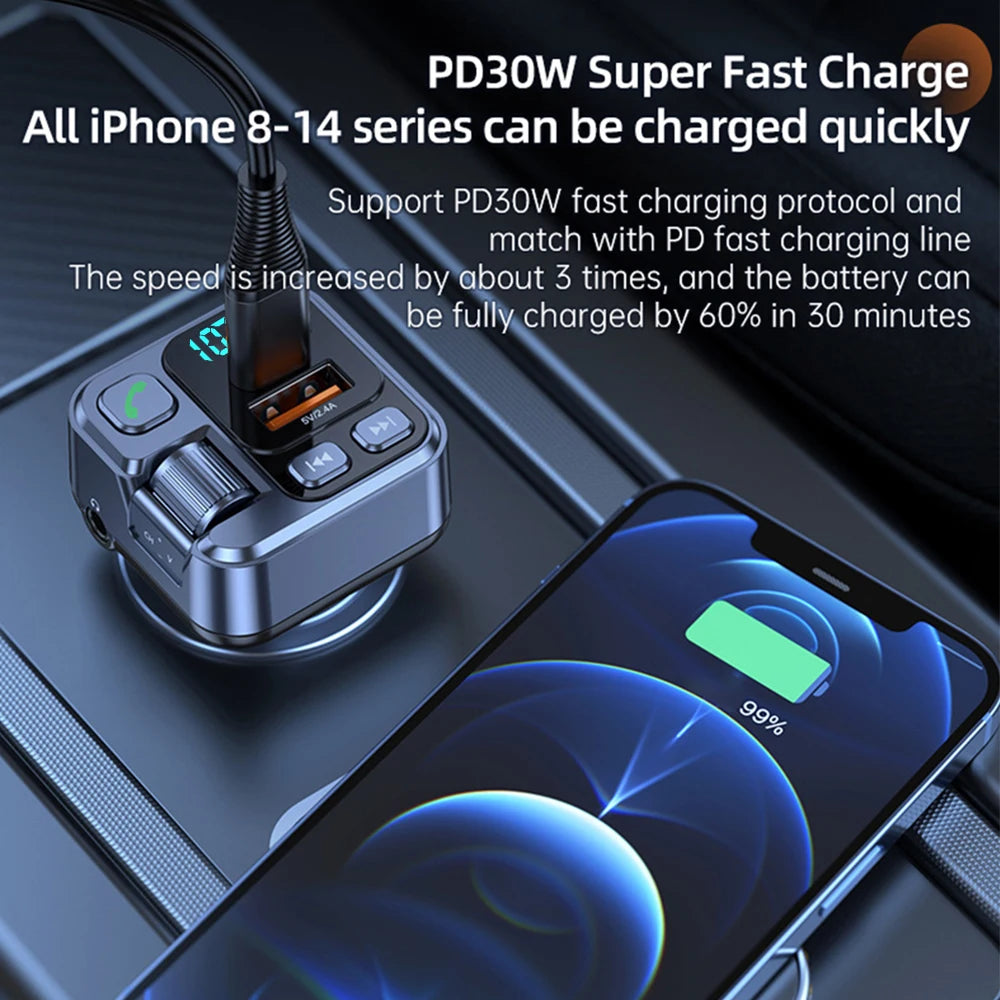 Fast-Charge Bluetooth FM Transmitter charging a smartphone through a 30W PD USB-C cable in a car centre console
