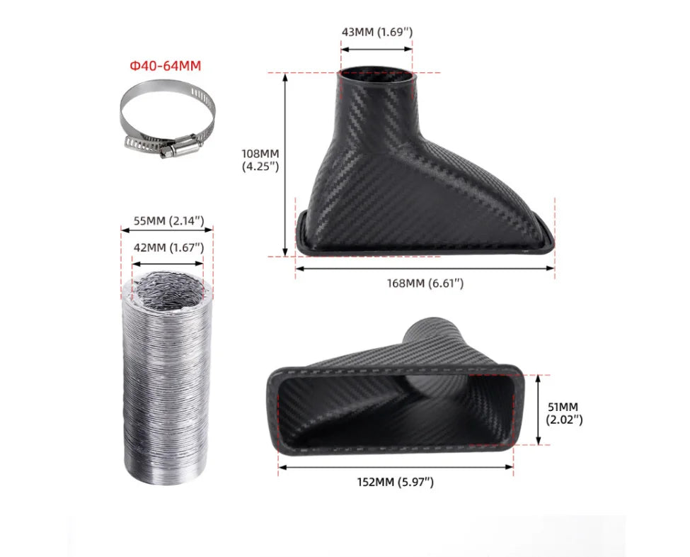 Turbo Air Intake Funnel dimension diagram showing the carbon-fibre round inlet, hose clamp and flexible tube measurements