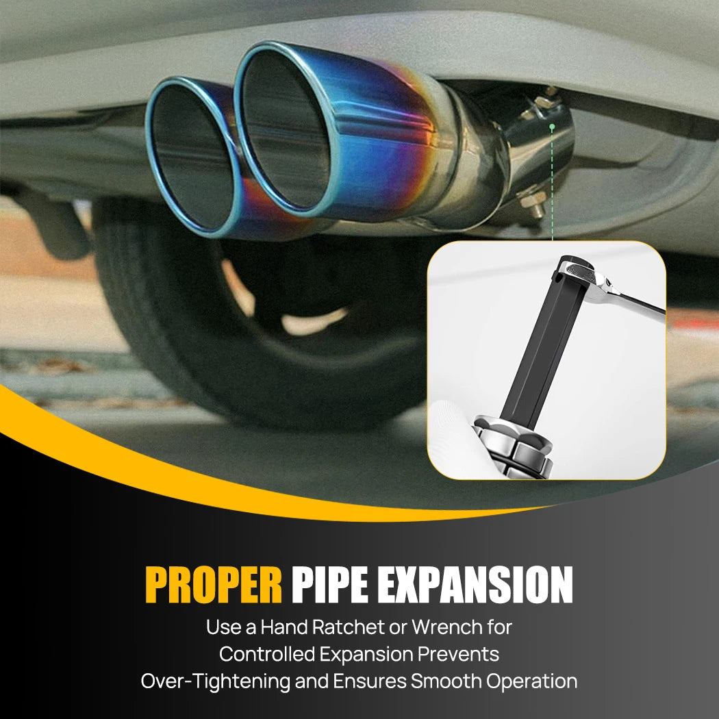 Exhaust Pipe Expander tool positioned near a dual chrome exhaust tip on a car to demonstrate proper pipe expansion