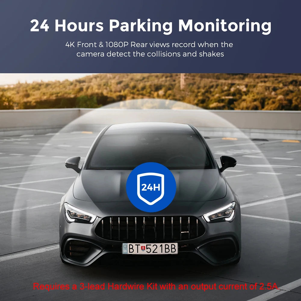 4K WiFi Dash Cam 24-hour parking monitoring feature shown on a car parked in a car park, recording in 4K front and 1080P rear when a collision or shake is detected