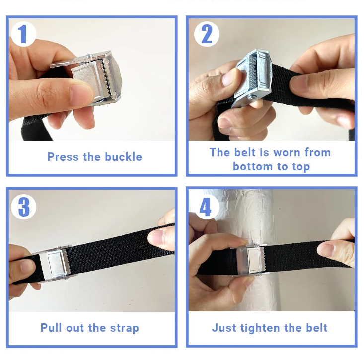 Four-step guide to using a cam buckle cargo strap: press the buckle, thread the strap, pull and tighten