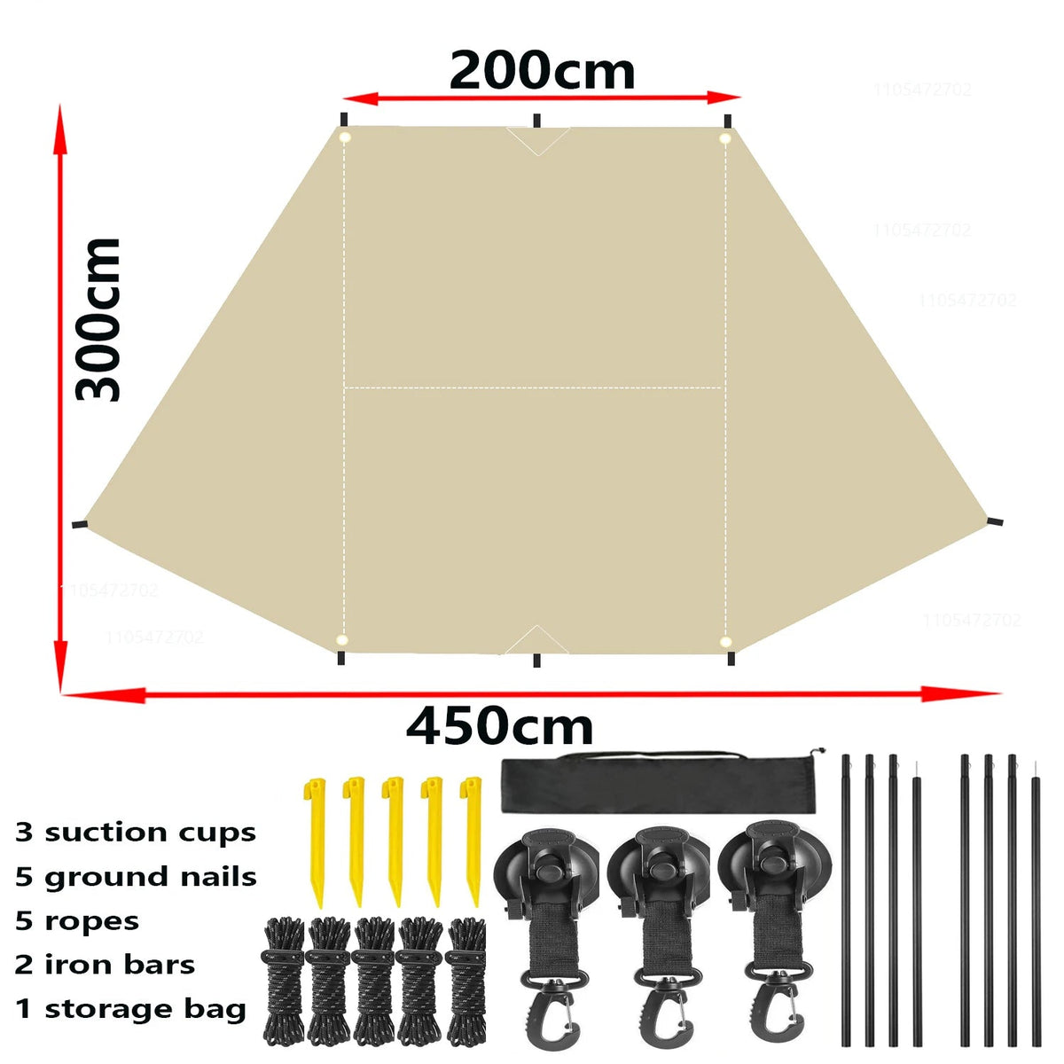 Size chart for the beige Expedition Side Sunshade showing 200cm by 300cm by 450cm dimensions with included accessories