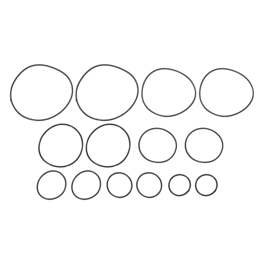 Exhaust Pipe Expander Kit set of fourteen black replacement O-rings in assorted sizes, white background