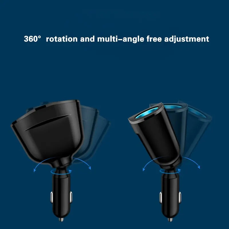 Dual-Socket Fast Car Charger with 360-degree rotating head for multi-angle adjustment
