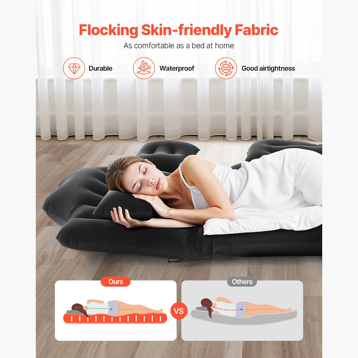 Woman sleeping on the Back Seat Air Mattress with soft flocked fabric, comparing even body support with a standard mattress