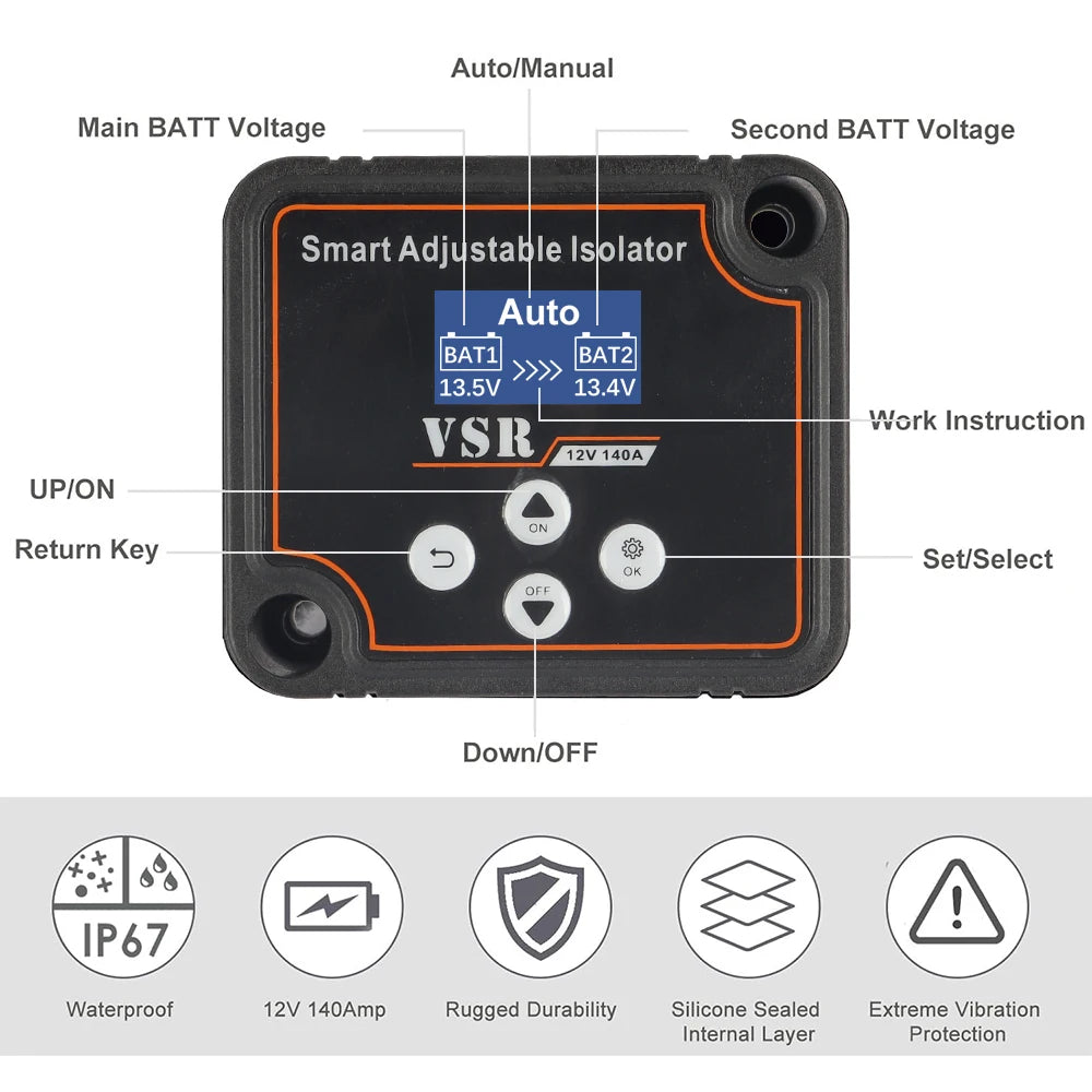Adjustable Lithium Battery Isolator control panel with dual battery voltage LCD, navigation buttons and IP67 12V 140A features